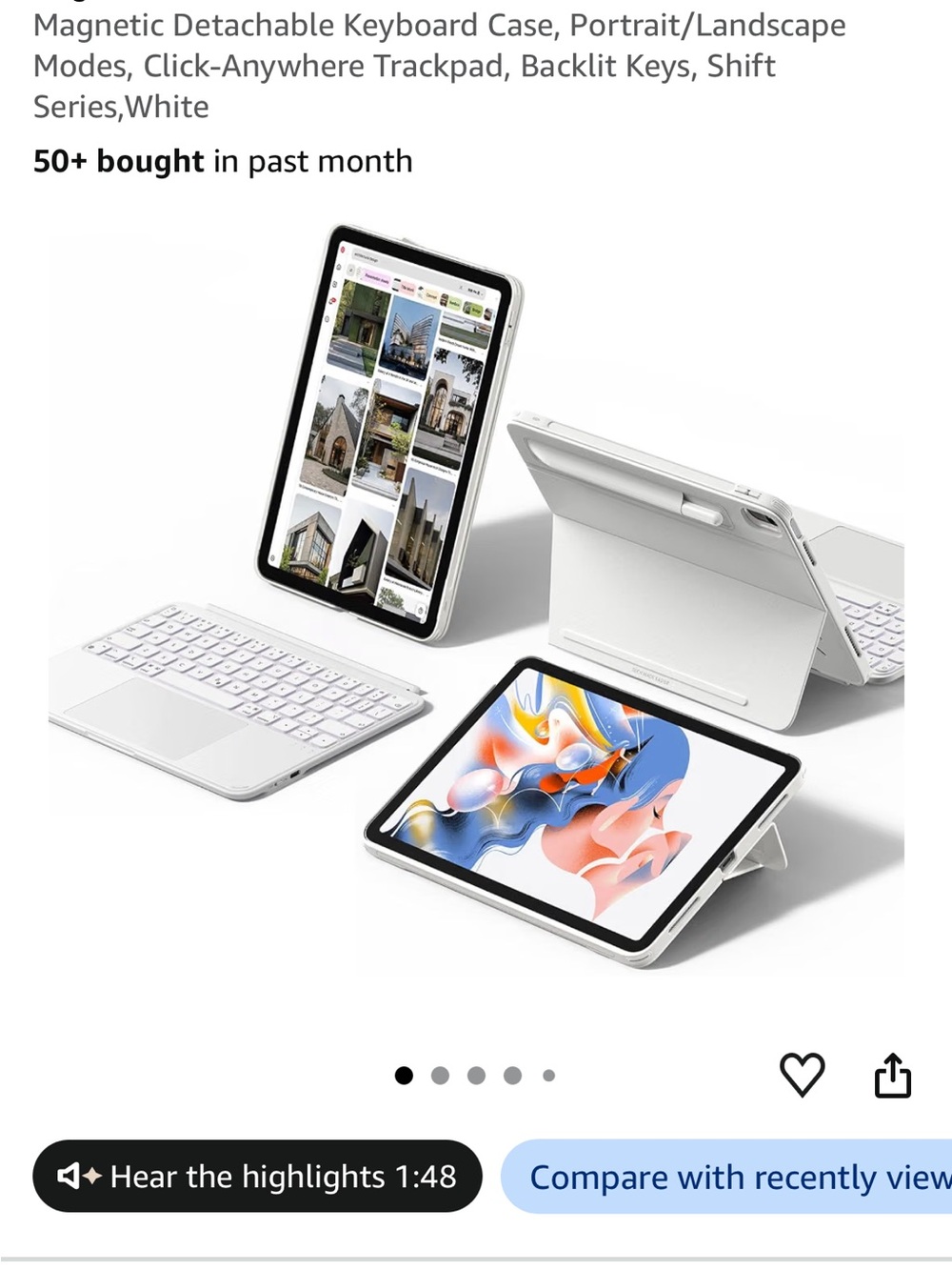 White Magnetic Detachable Tablet Keyboard Case with Backlit Bluetooth Keyboard